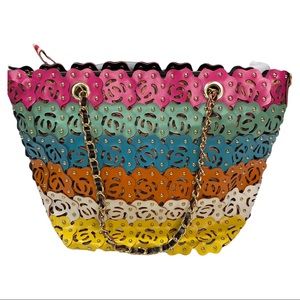 Multicolor Floral Studded Animal Print Gold Chain Shoulder Bag